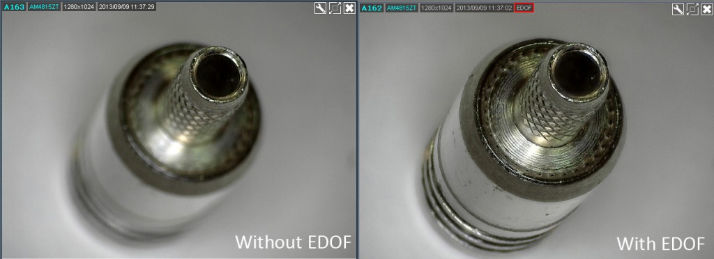 Bilden visar en bild tagen med och utan EDOF, Extended Depth of Field.